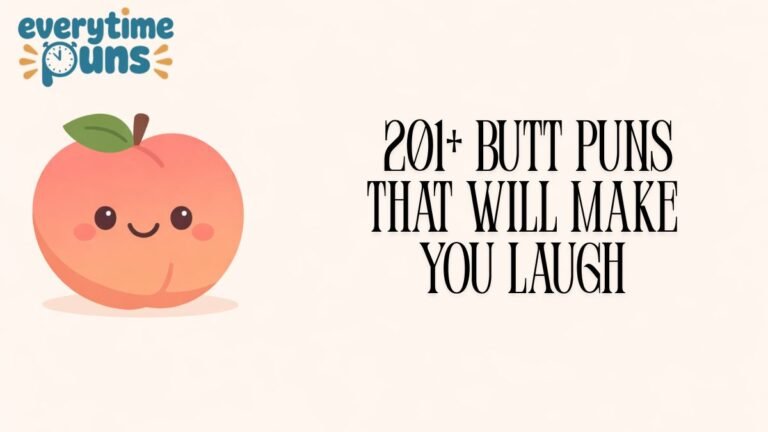 Funny butt puns illustration with peach cartoon and text 221+ butt puns that make you laugh