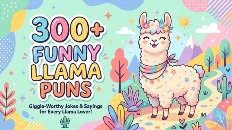 Cute cartoon llama featured image for 300+ funny llama puns blog