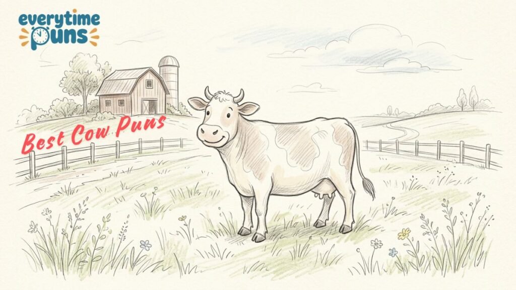 Smiling cow in farm field simple sketch