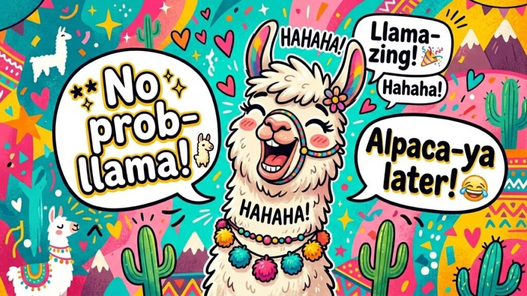 👉 Funny llama expressing best pun jokes illustration