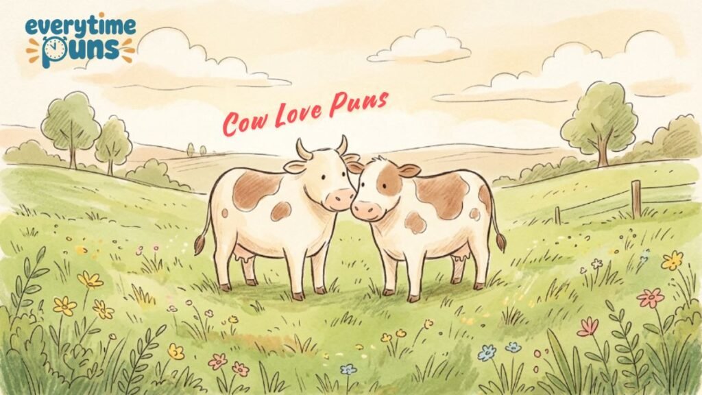 Two cows standing together in meadow illustration