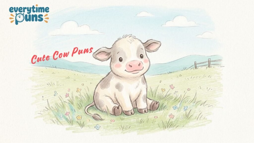 Cute baby cow sitting on grass illustration