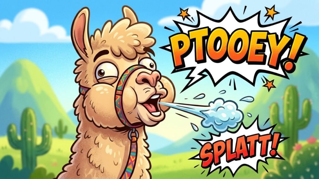 Funny llama spitting meme style illustration for puns