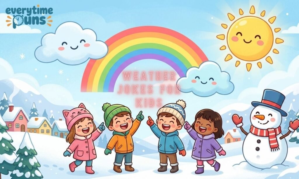 funny weather jokes for kids with sun clouds rainbow and snowman