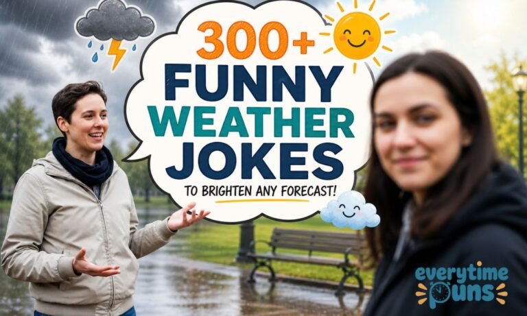 300+ funny weather jokes image with people in park and speech bubble text