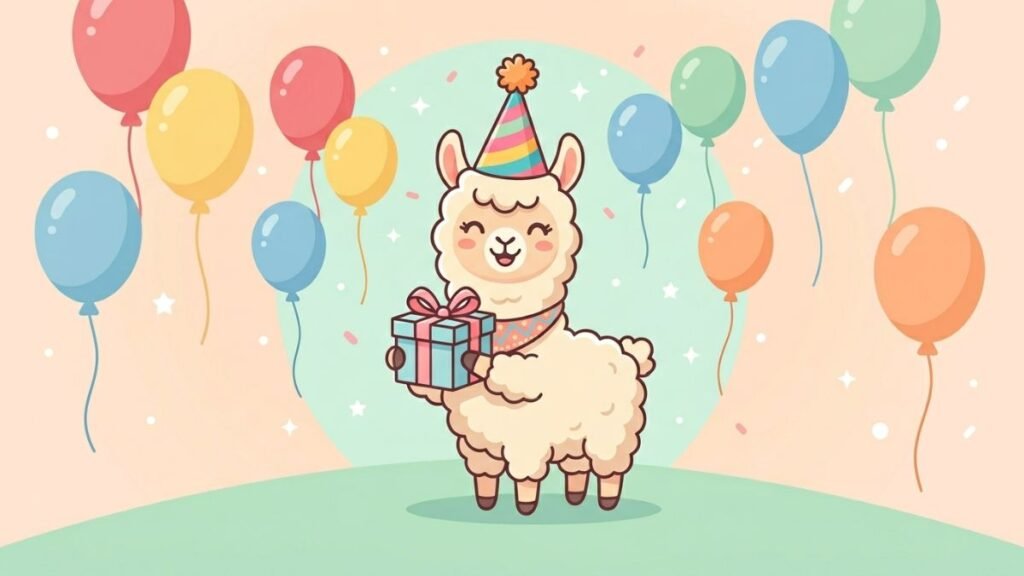Cute llama birthday illustration with balloons and gift for birthday llama puns section