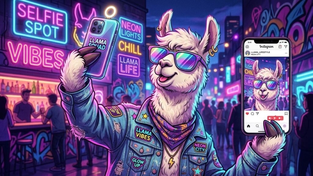 Stylish llama Instagram selfie meme illustration