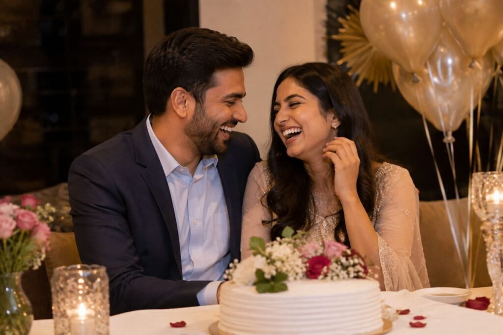 Couple laughing together during a fun anniversary celebration.