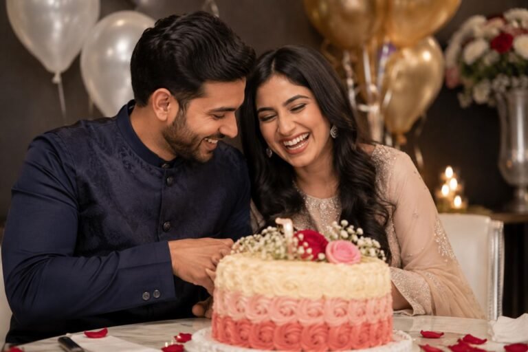 Happy couple celebrating their wedding anniversary with a cake and decorations.