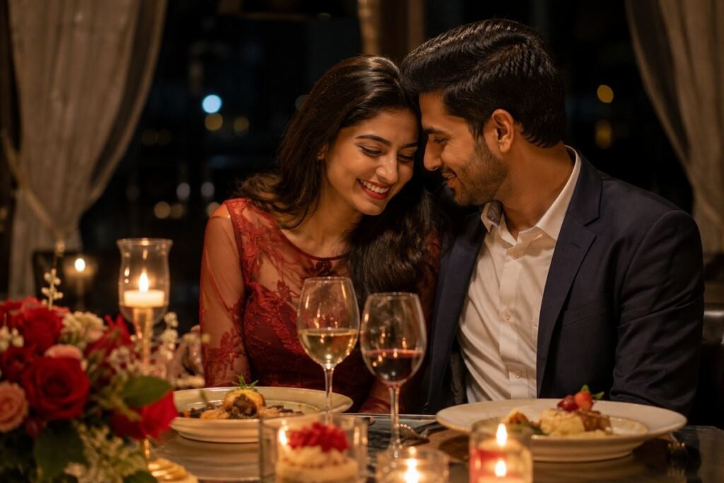 Couple enjoying a romantic anniversary dinner with candles and flowers.