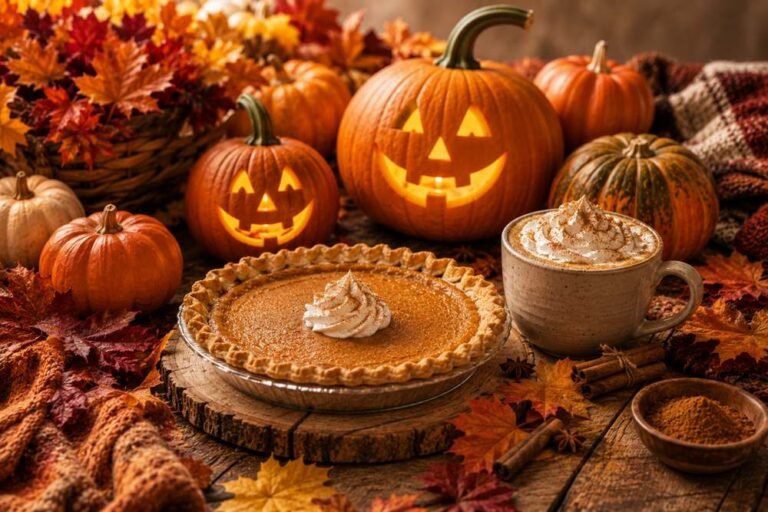 Pumpkins and fall decorations representing funny pumpkin puns
