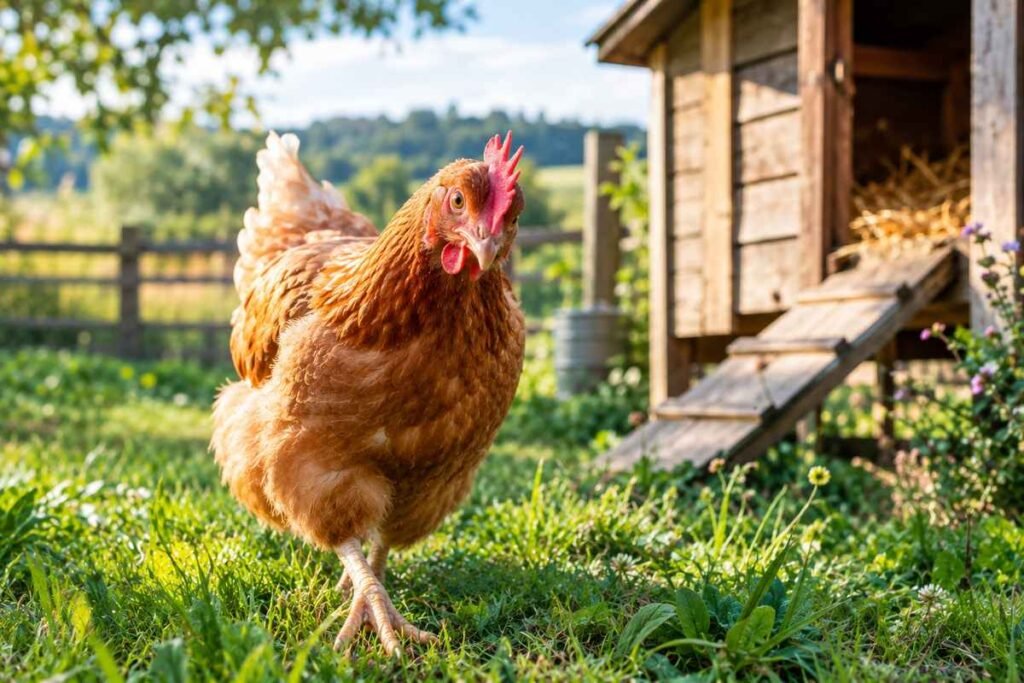 Cute backyard chicken walking through green grass