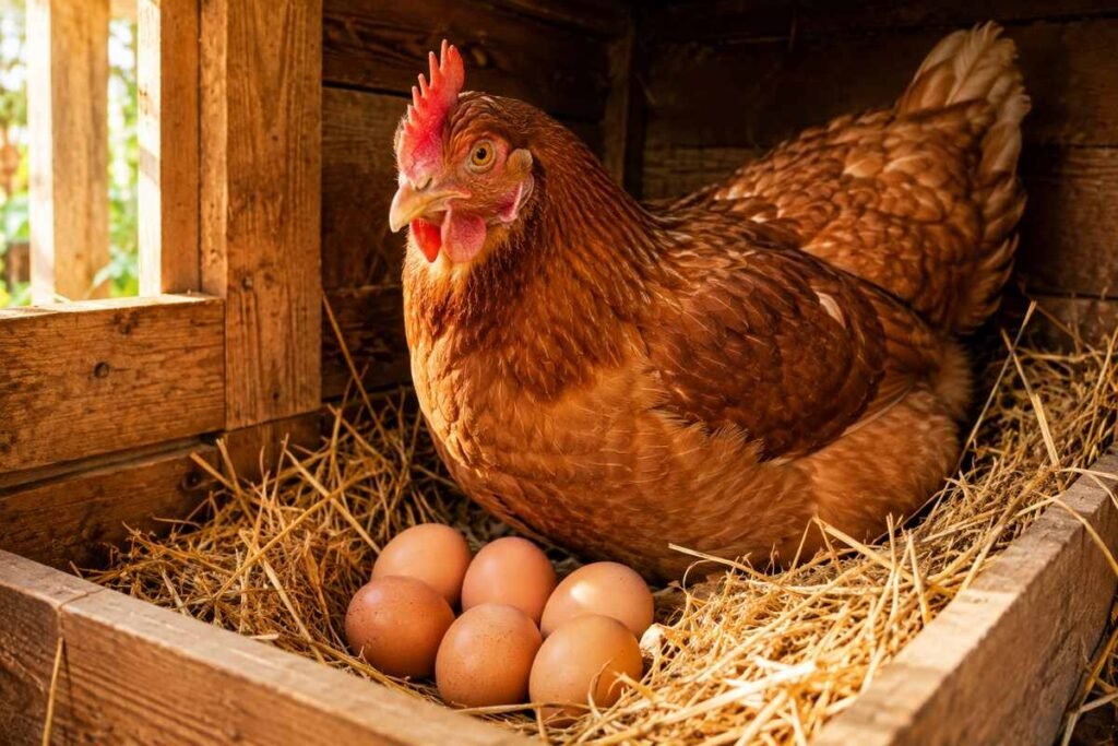 Brown hen standing beside freshly laid eggs in a chicken coop