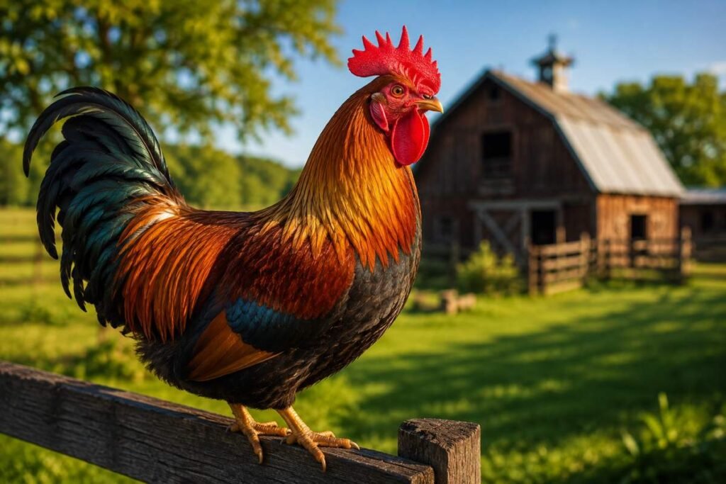 Colorful rooster standing proudly on a wooden farm fence