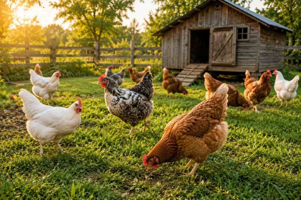 Group of chickens roaming around a sunny backyard farm