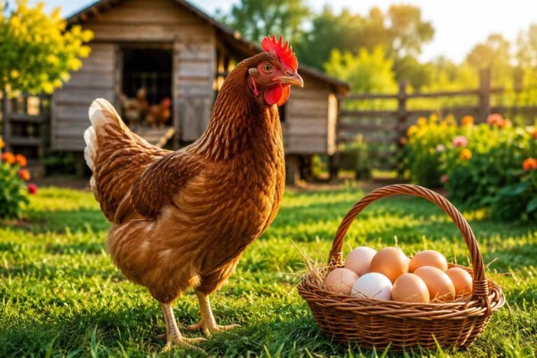 Cheerful chicken standing beside a basket of fresh eggs on a farm