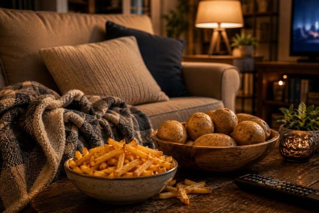 Cozy couch potato setup with snacks in a living room
