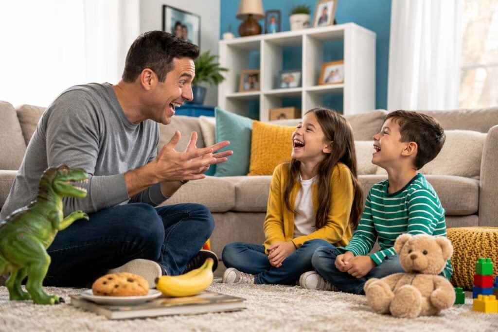 Dad telling silly jokes to laughing children