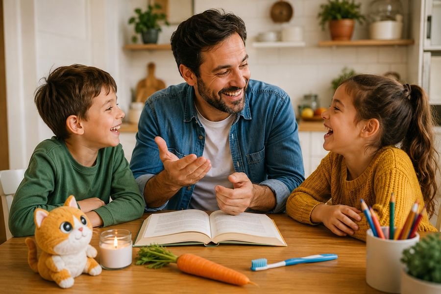 Dad telling clean jokes to children at home