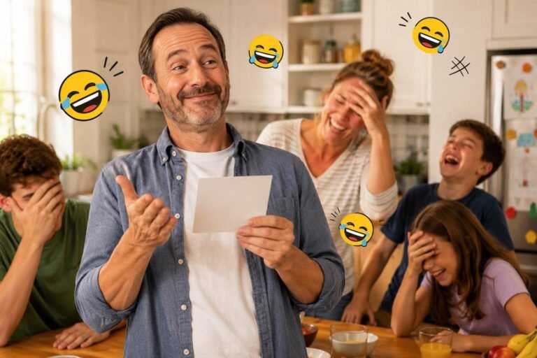 Funny dad telling jokes while family laughs at home