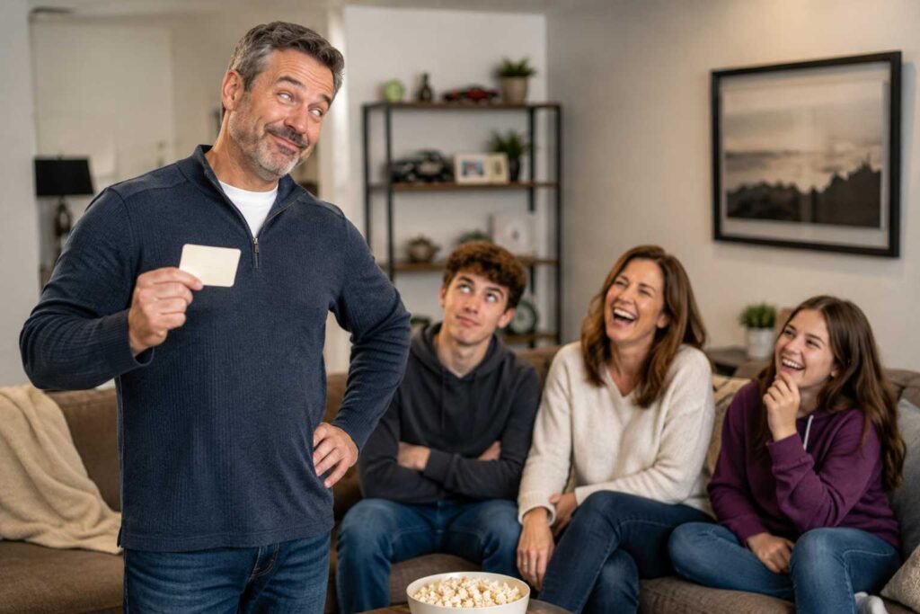 Dad delivering a funny one-liner joke to his family