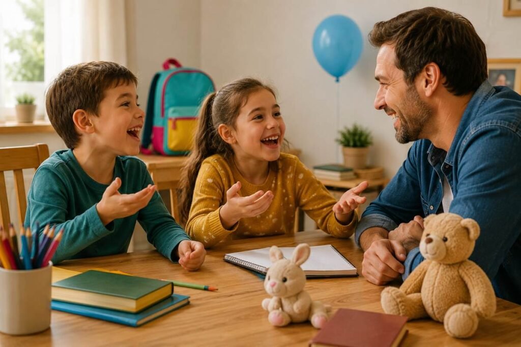 Children telling funny dad jokes to their father