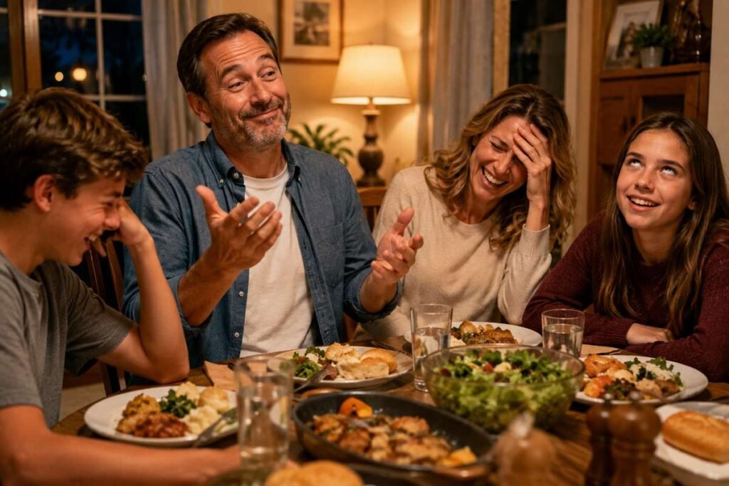 Dad telling a joke at family dinner while everyone laughs