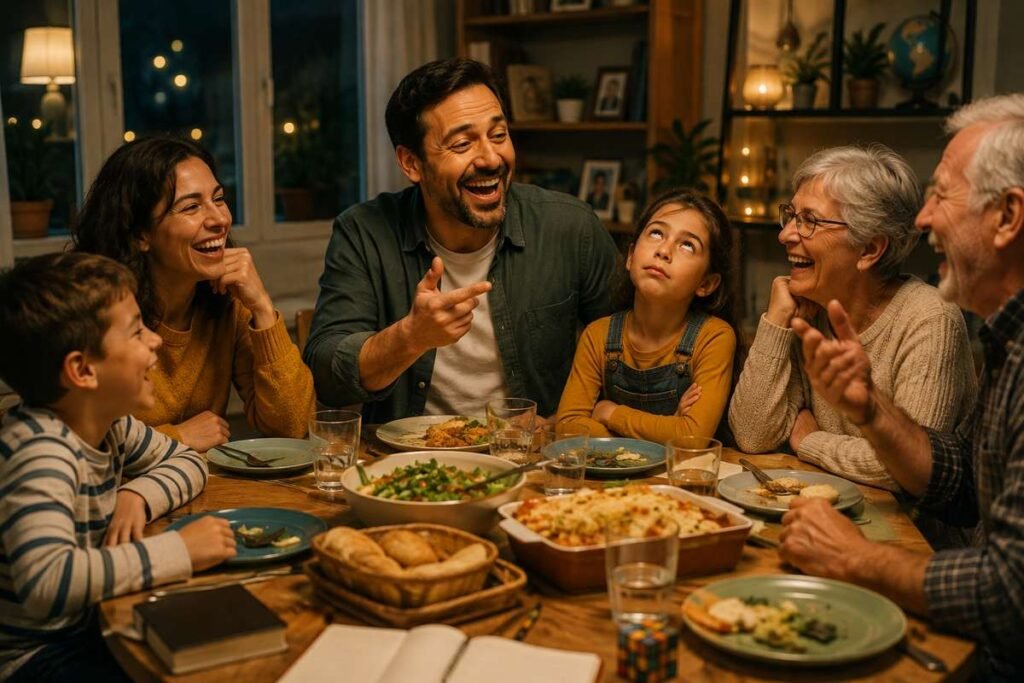 Family laughing together at dad jokes during dinner