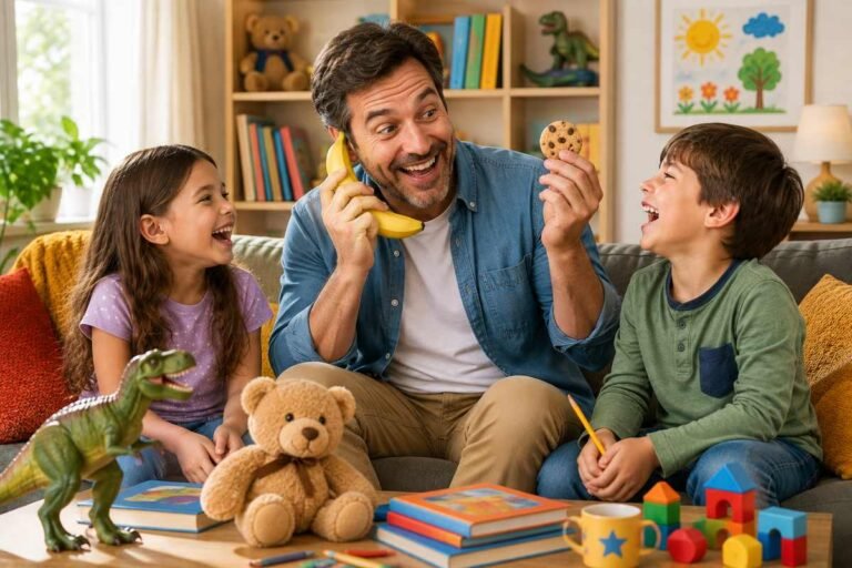 Dad telling funny jokes to laughing children