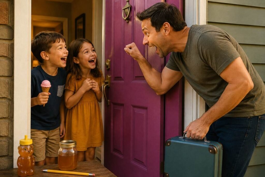 Dad telling knock-knock jokes to children