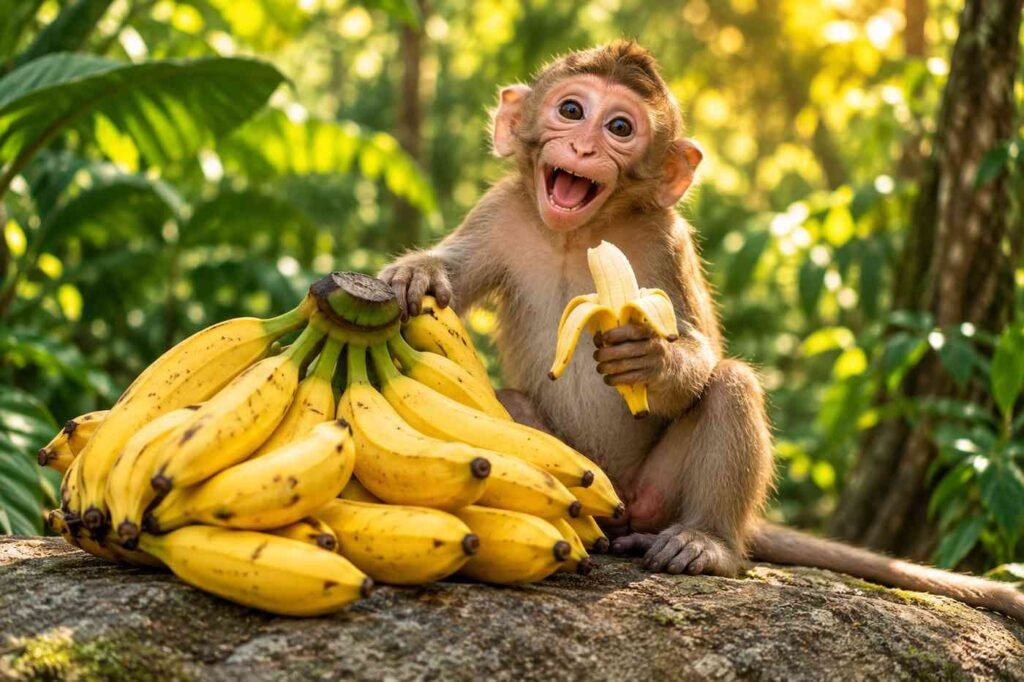 Cheerful monkey sitting beside ripe bananas in a jungle