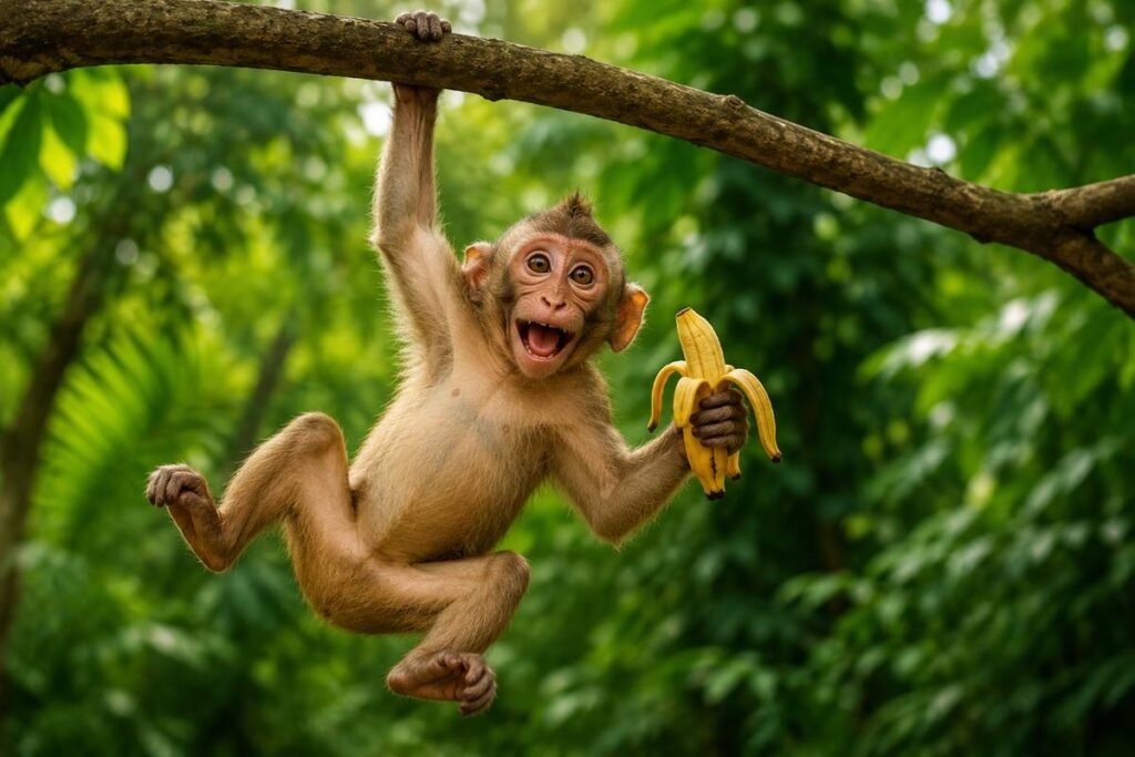 Funny monkey hanging from a jungle branch with a banana