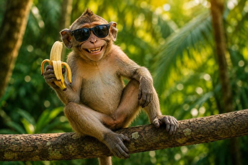 Playful monkey posing with a banana in a tropical jungle