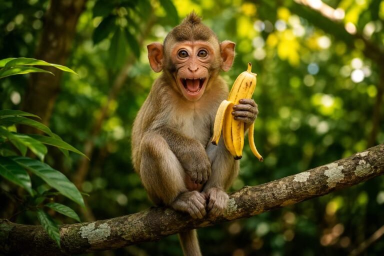 Cheerful monkey holding a banana on a jungle branch