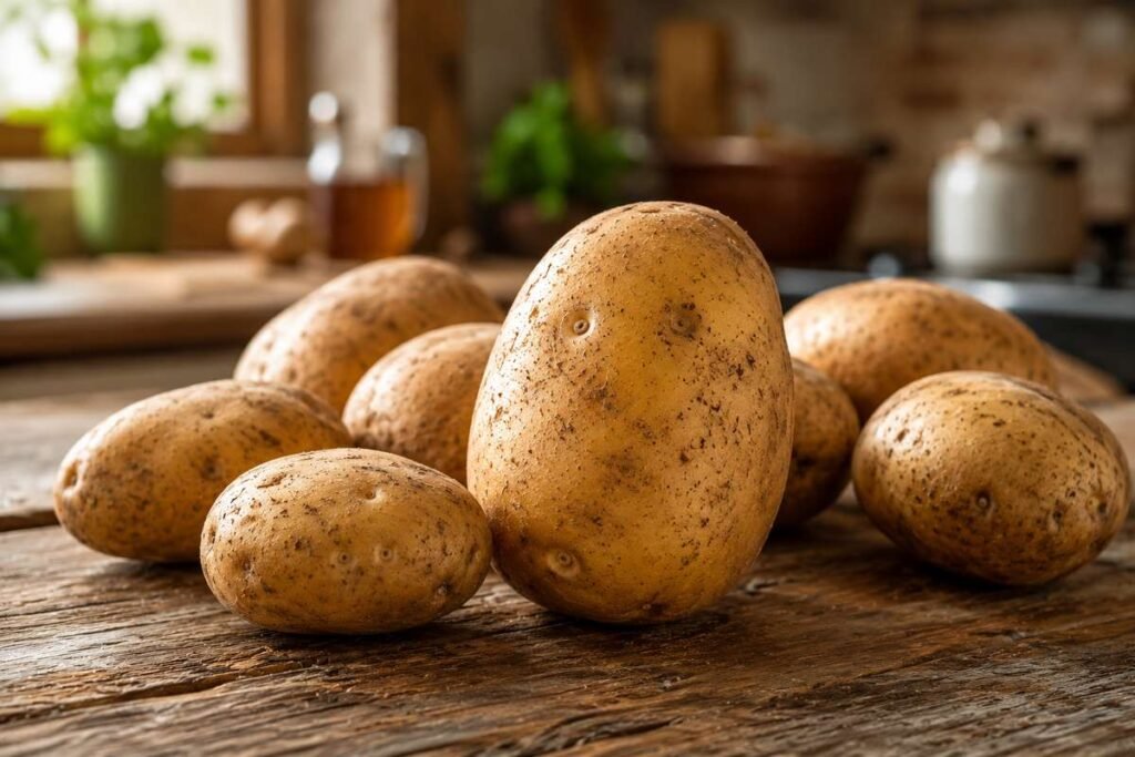 Fresh potatoes arranged on a rustic kitchen table