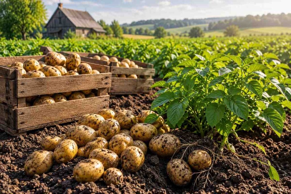 Freshly harvested potatoes beside green potato plants on a farm
