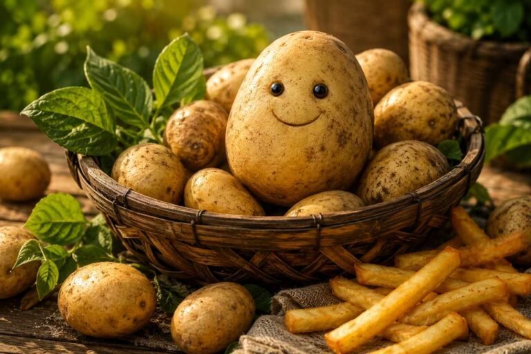Cheerful fresh potatoes in a rustic basket surrounded by potato leaves