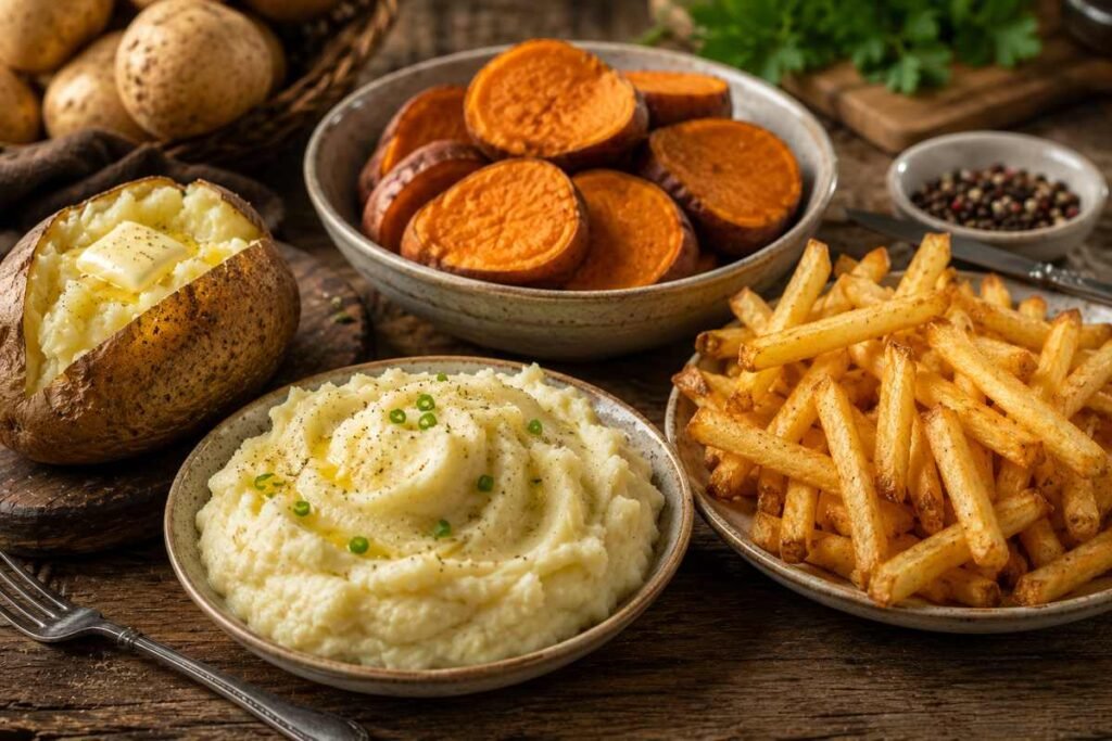French fries mashed potatoes baked potato and sweet potato