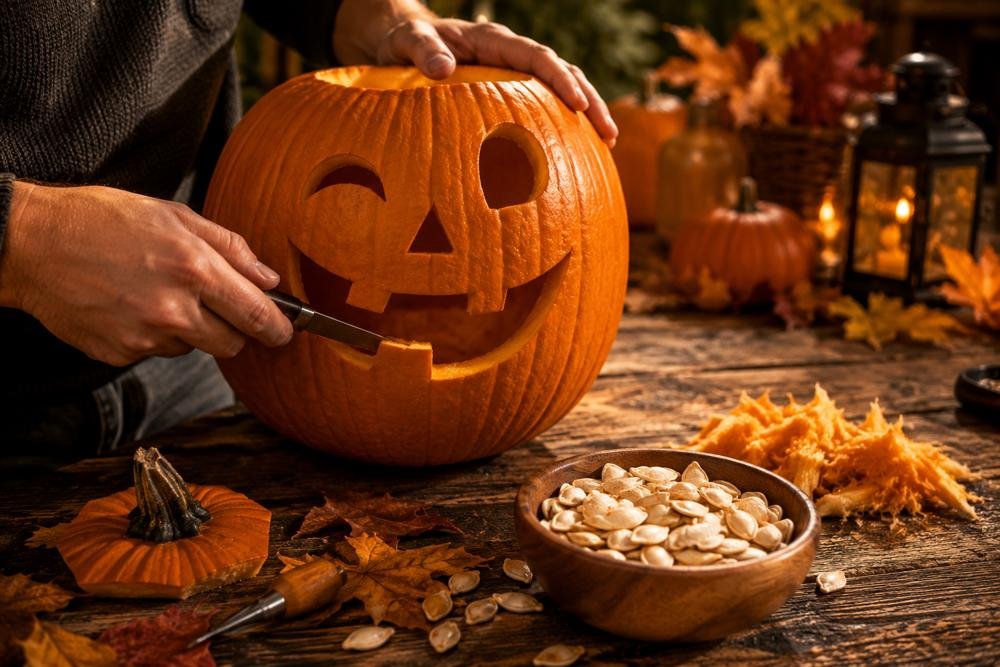 Hands carving a pumpkin into a funny jack-o-lantern