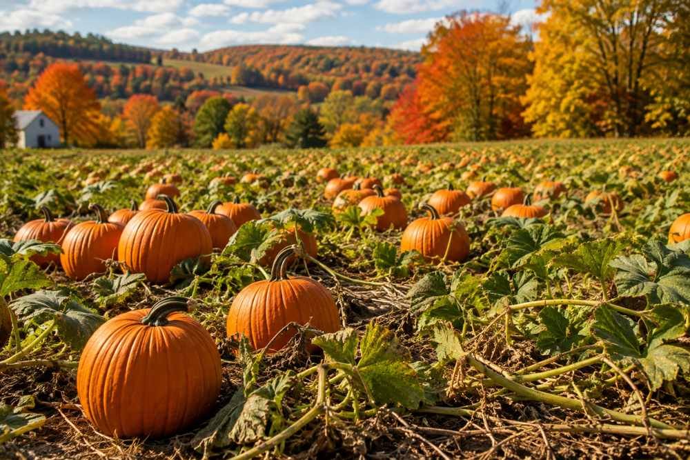 Orange pumpkins growing in an autumn pumpkin patch