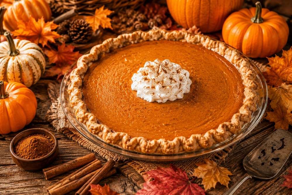 Fresh pumpkin pie surrounded by autumn pumpkins