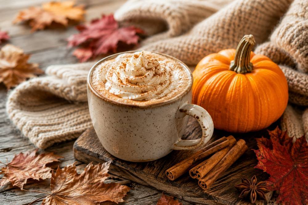 Pumpkin spice latte with pumpkin and autumn decorations