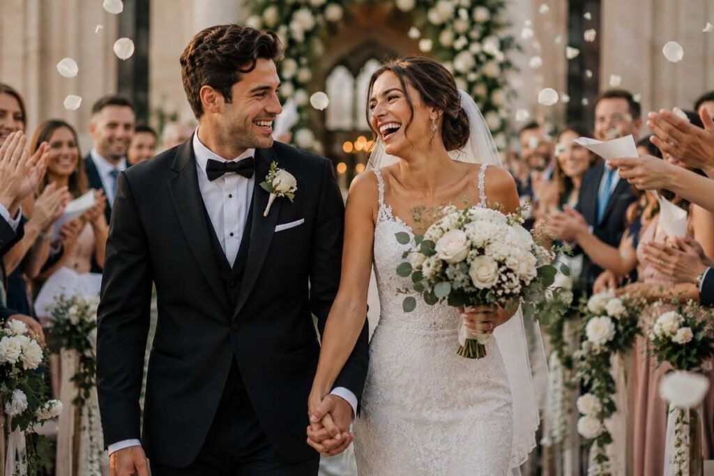 Newlywed bride and groom walking down wedding aisle