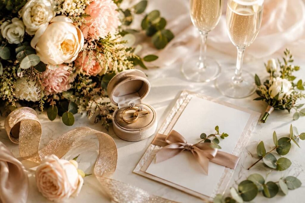 Wedding rings flowers and invitation arranged for Instagram photo