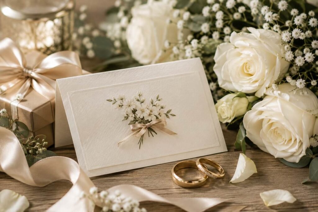 Wedding card with rings and flowers