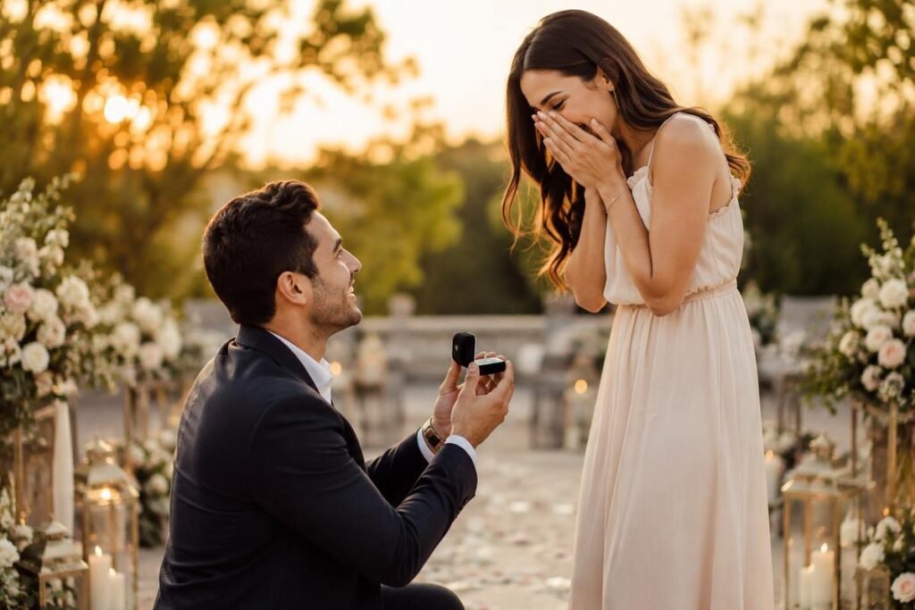 Romantic marriage proposal with engagement ring