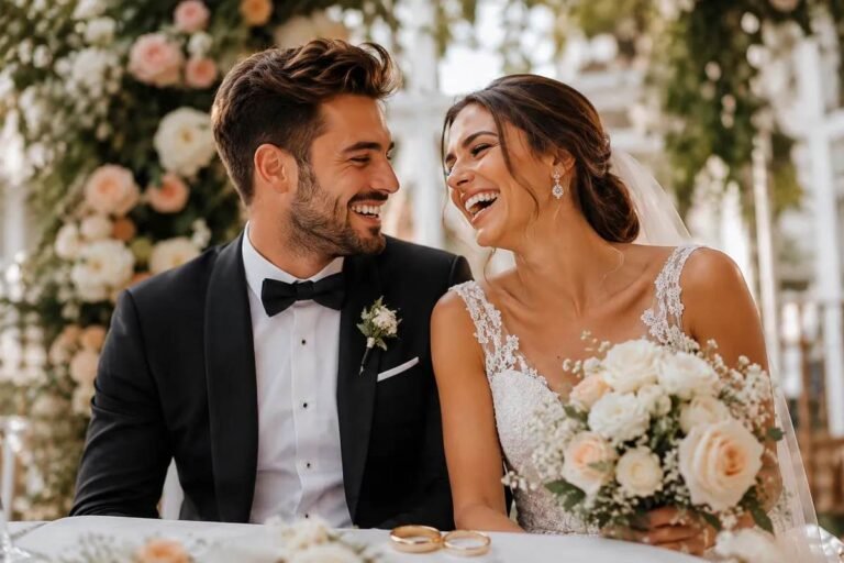 Bride and groom laughing together on their wedding day