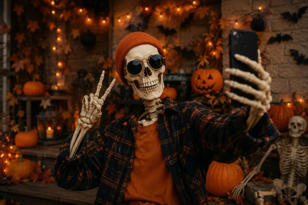 Fashionable skeleton posing for a Halloween social media photo
