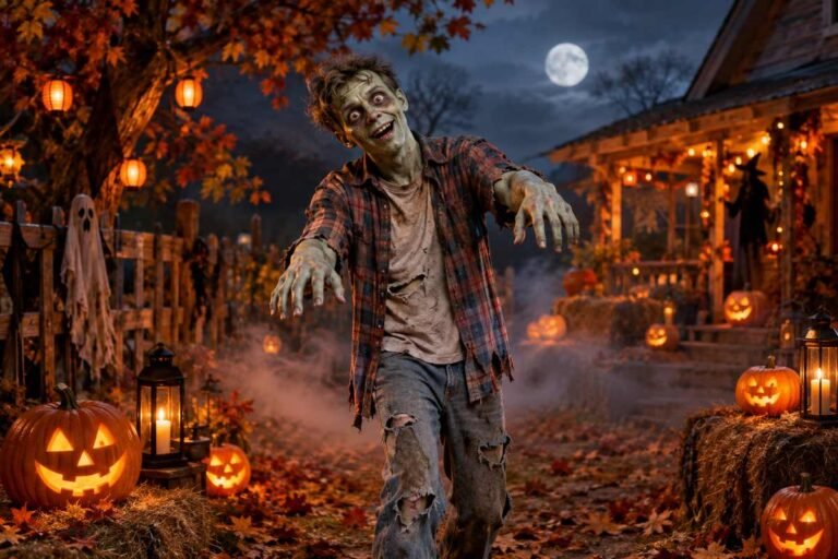 Friendly zombie standing among pumpkins and autumn Halloween decorations