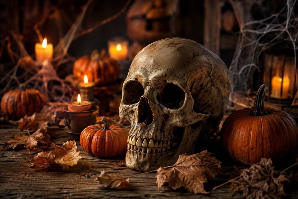 Detailed skull surrounded by pumpkins, candles, and autumn leaves